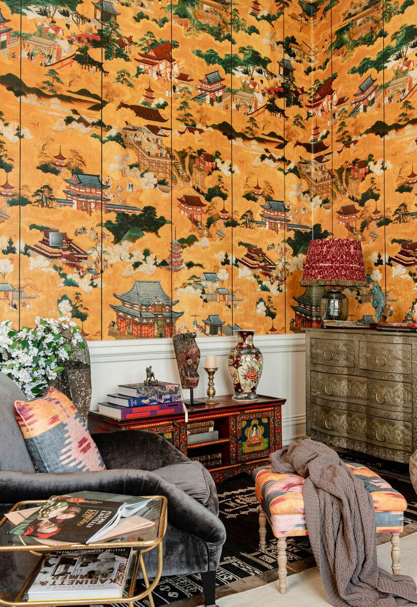 Floating World wallpaper in Golden Yellow by Natty & Polly, styled in an interior