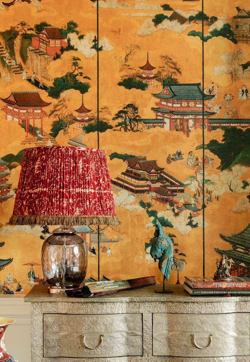 Floating World wallpaper in Golden Yellow by Natty & Polly, styled in an interior