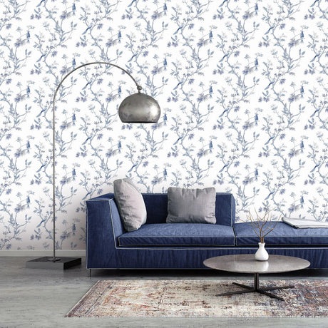 Classic Bird Trail Wallpaper in Navy & White, Cocolea Natty & Polly, , ,