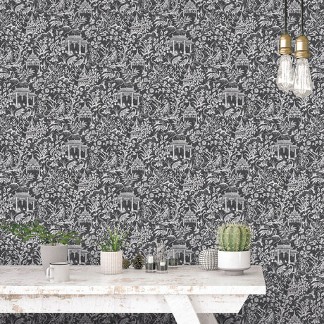 Oriental Toile Wallpaper, Cocolea Natty & Polly, Black, Per roll (53 cm × 10 m),