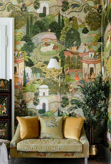 Gardens of Jaipur wallpaper in Multi by Natty & Polly, styled in an interior