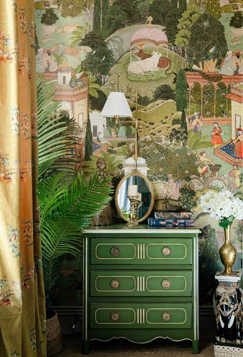 Gardens of Jaipur wallpaper in Multi by Natty & Polly, styled in an interior