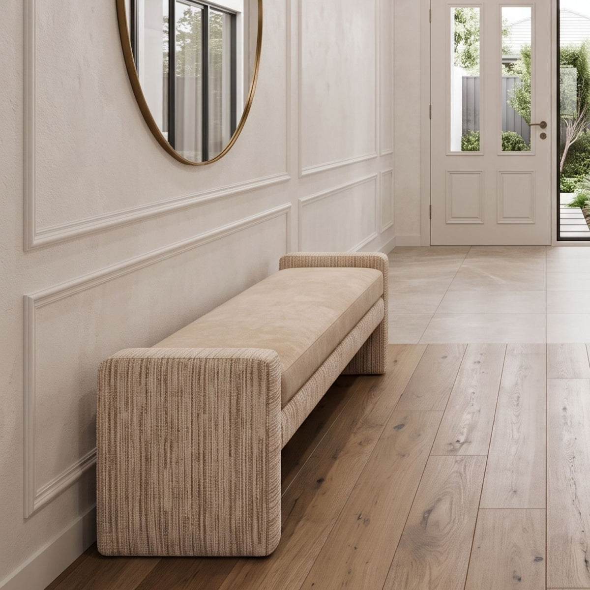 Harris Upholstered Bench – Almond & Oxford Tan, Satara, , ,