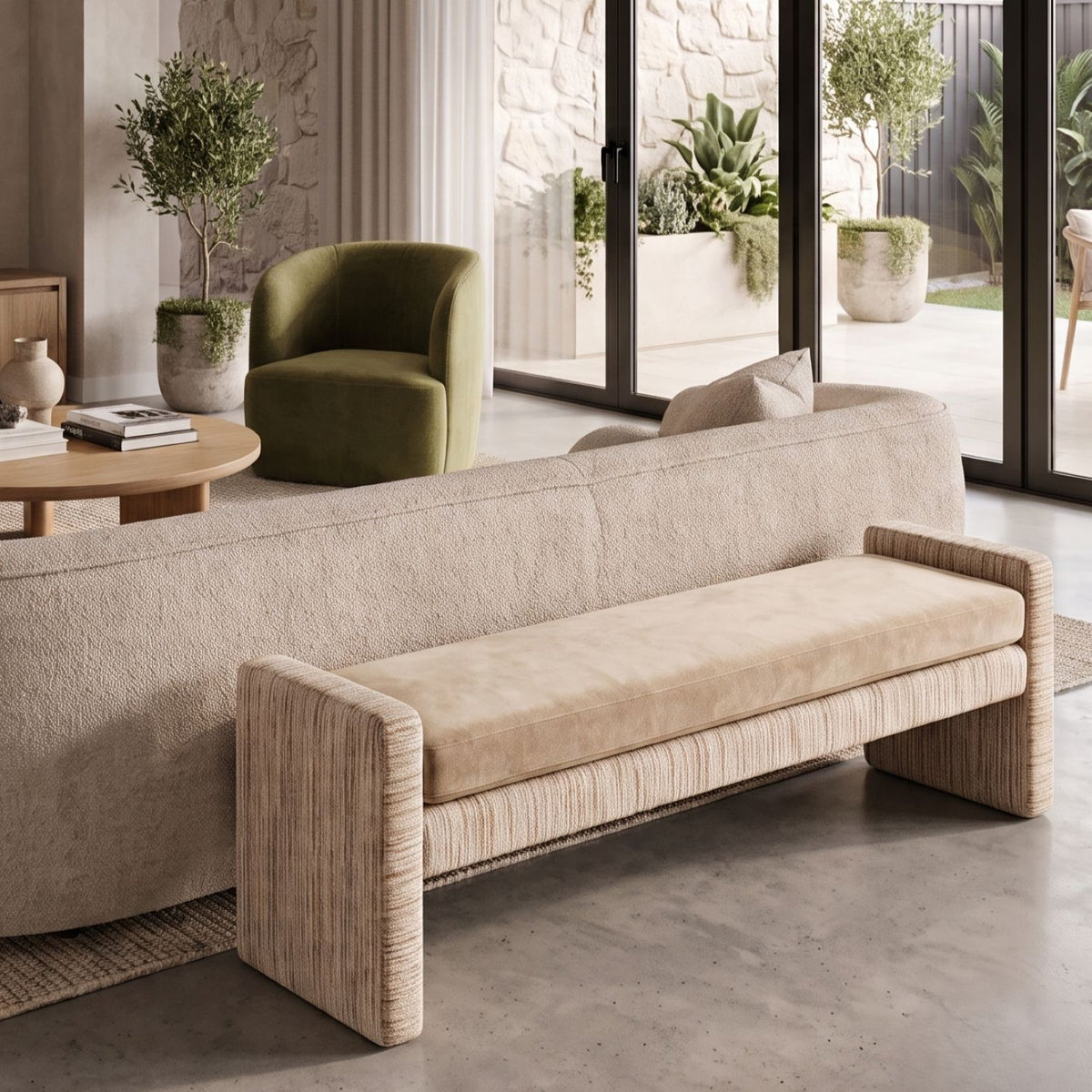 Harris Upholstered Bench – Almond & Oxford Tan, Satara, , ,