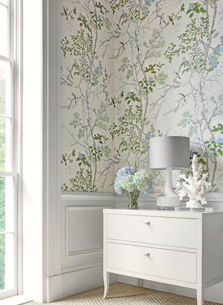Katsura wallpaper in Cream / Lavender by Natty & Polly, styled in an interior