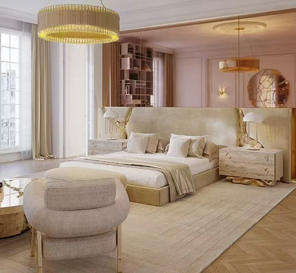 Incanto Travertine Veneer Luxury Bedside Table with Gold Leaf Detail | Designer Stone Nightstand