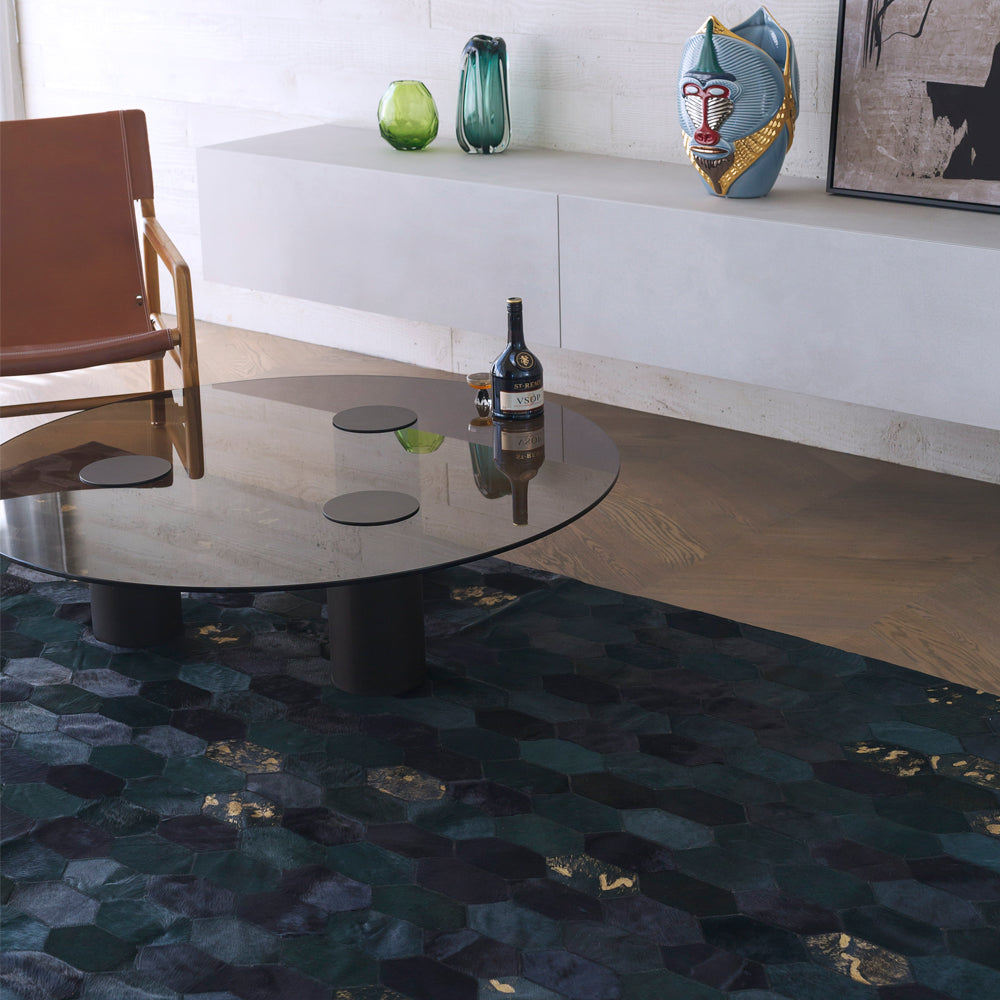 Hornet Teal and Gold Art Hide Rug, Cocolea, , ,