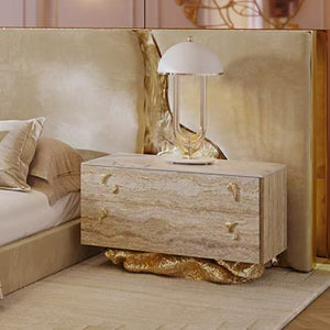 Incanto Travertine Veneer Luxury Bedside Table with Gold Leaf Detail | Designer Stone Nightstand