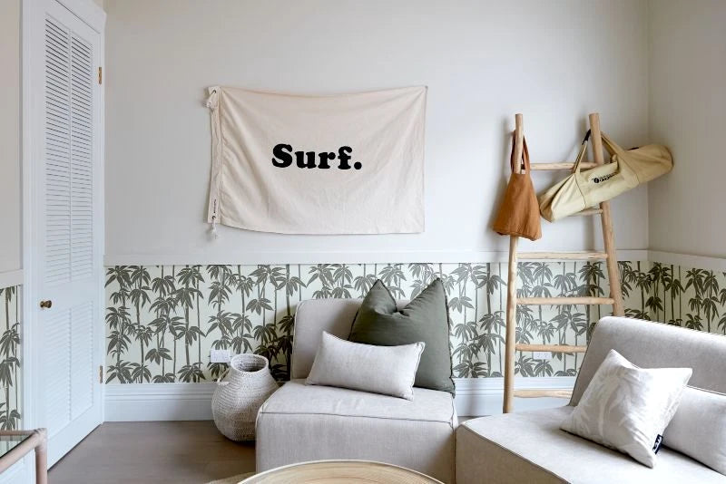 Japanese Bamboo wallpaper in Olive Haze by Natty & Polly, styled in an interior