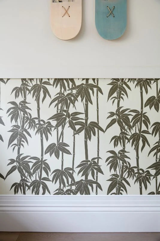 Japanese Bamboo wallpaper in Olive Haze by Natty & Polly, styled in an interior