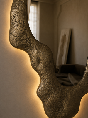 Morphea Halo LED Mirror | Organic Backlit Entry Mirror in Aged Patina Brass |