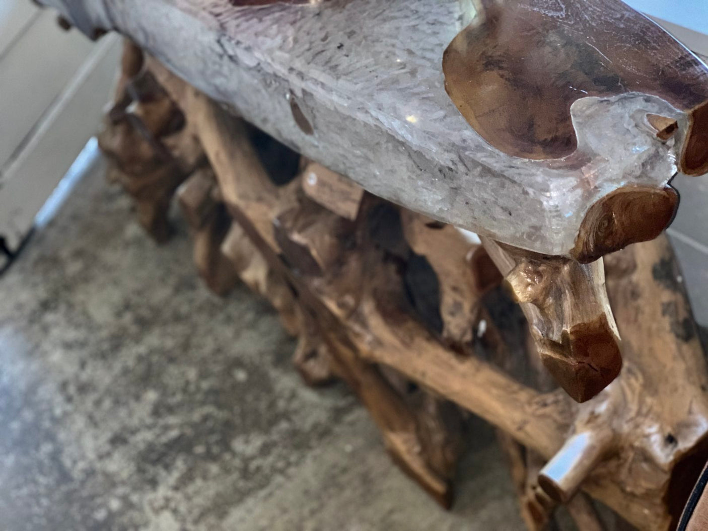 Natural Teak Root Wood Console Table with resin top, Cocolea, , ,