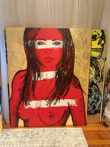 ‘Mallory’ Red Nude on Gold Leaf Metal gilding on Canvas (Original Artwork David Bromley), David Bromley, , ,