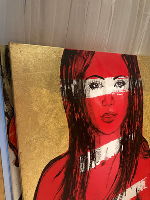 ‘Mallory’ Red Nude on Gold Leaf Metal gilding on Canvas (Original Artwork David Bromley), David Bromley, , ,