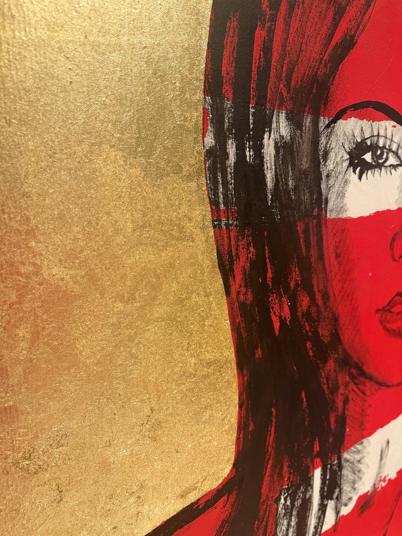 ‘Mallory’ Red Nude on Gold Leaf Metal gilding on Canvas (Original Artwork David Bromley), David Bromley, , ,