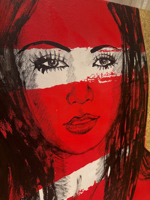 ‘Mallory’ Red Nude on Gold Leaf Metal gilding on Canvas (Original Artwork David Bromley), David Bromley, , ,