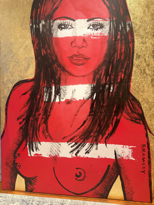 ‘Mallory’ Red Nude on Gold Leaf Metal gilding on Canvas (Original Artwork David Bromley), David Bromley, , ,