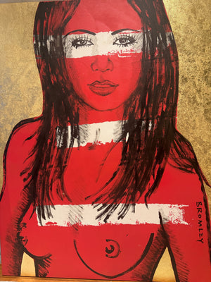 ‘Mallory’ Red Nude on Gold Leaf Metal gilding on Canvas (Original Artwork David Bromley), David Bromley, , ,