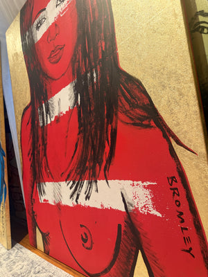 ‘Mallory’ Red Nude on Gold Leaf Metal gilding on Canvas (Original Artwork David Bromley), David Bromley, , ,