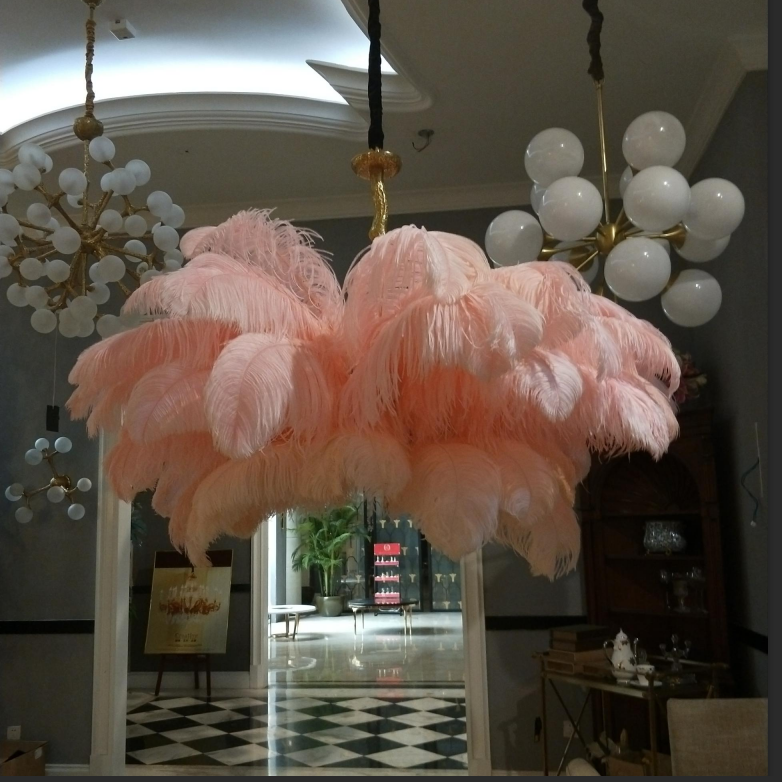 Ostro Genuine Ostrich Feather Brass Ceiling Pendant Chandelier, Cocolea, , ,