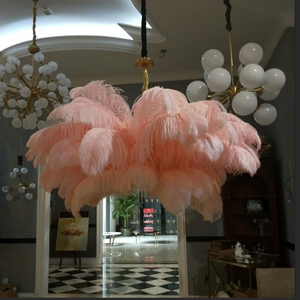 Ostro Genuine Ostrich Feather Brass Ceiling Pendant Chandelier, Cocolea, , ,