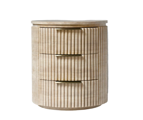 Ochre Round Travertine 3-Drawer Bedside Table