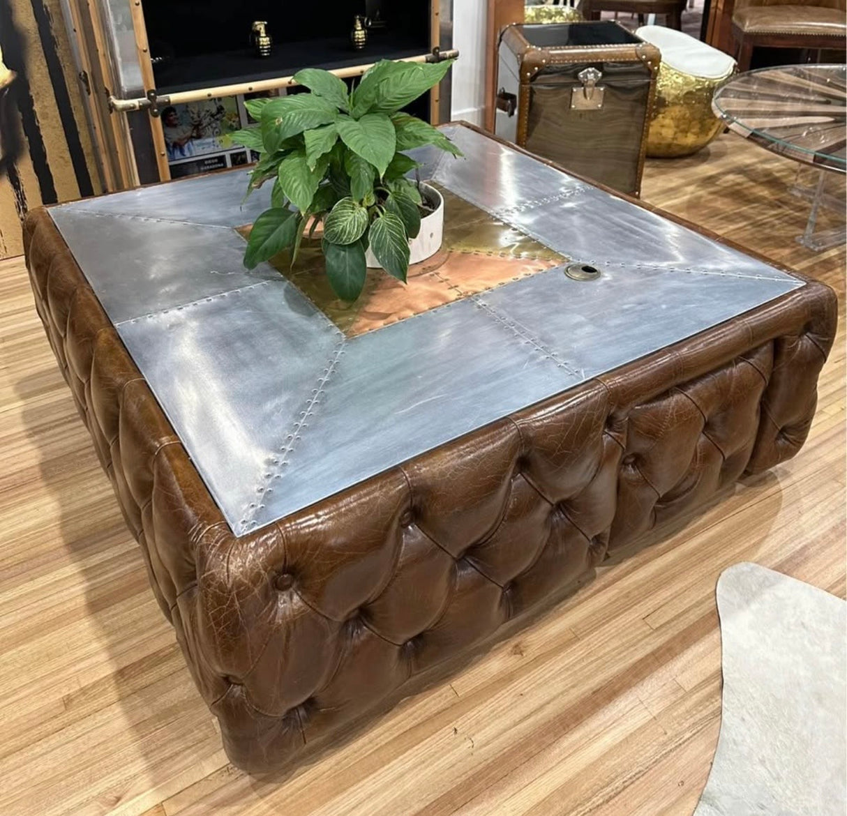Thomas Spitfire Aluminium, Brass, Copper & Brown Leather Square Coffee Table with Storage CLEARANCE FLOOR STOCK – ONLY ONE, Cocolea, , ,