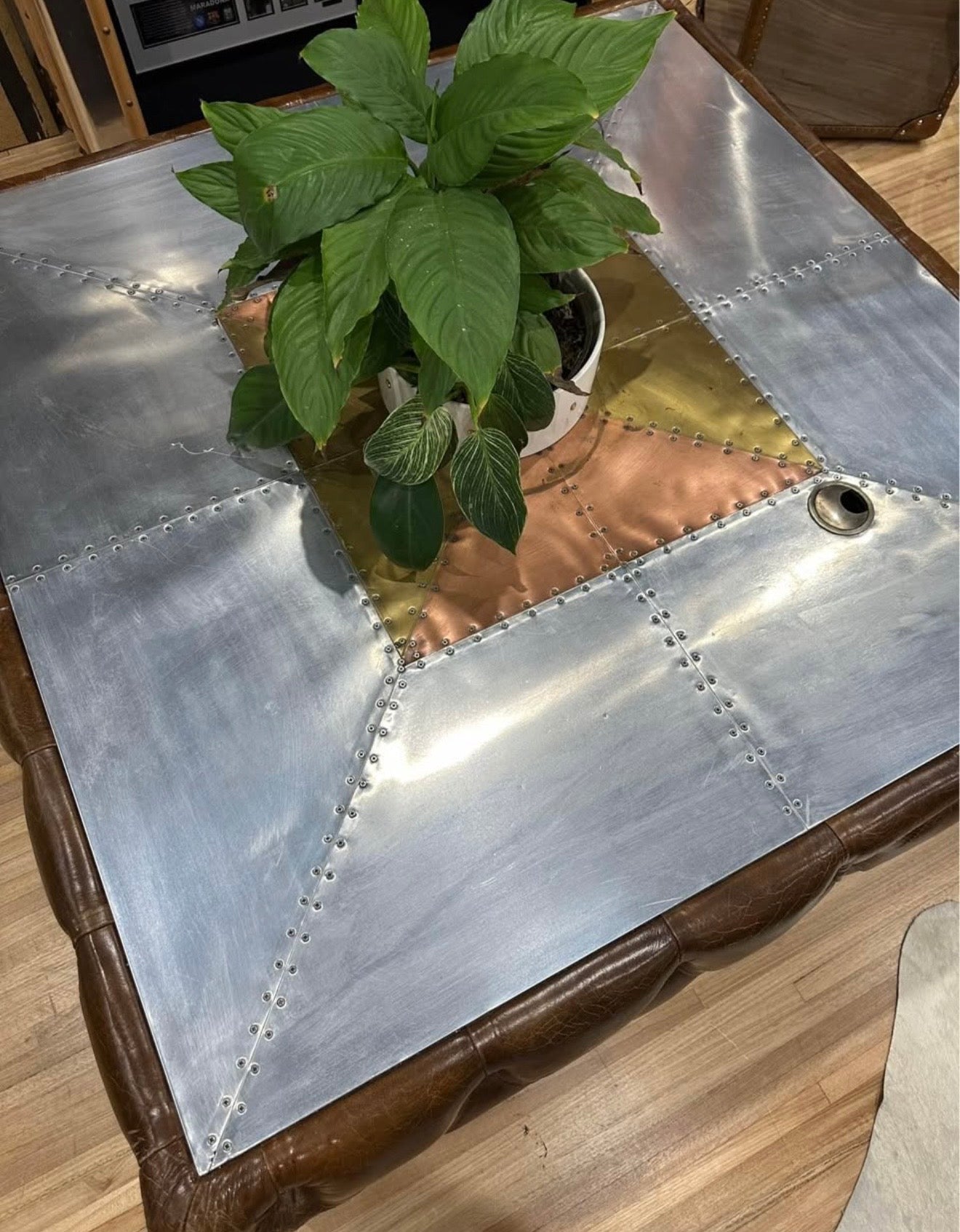 Thomas Spitfire Aluminium, Brass, Copper & Brown Leather Square Coffee Table with Storage  CLEARANCE FLOOR STOCK – ONLY ONE