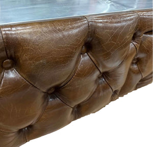 Thomas Spitfire Aluminium, Brass, Copper & Brown Leather Square Coffee Table with Storage  CLEARANCE FLOOR STOCK – ONLY ONE