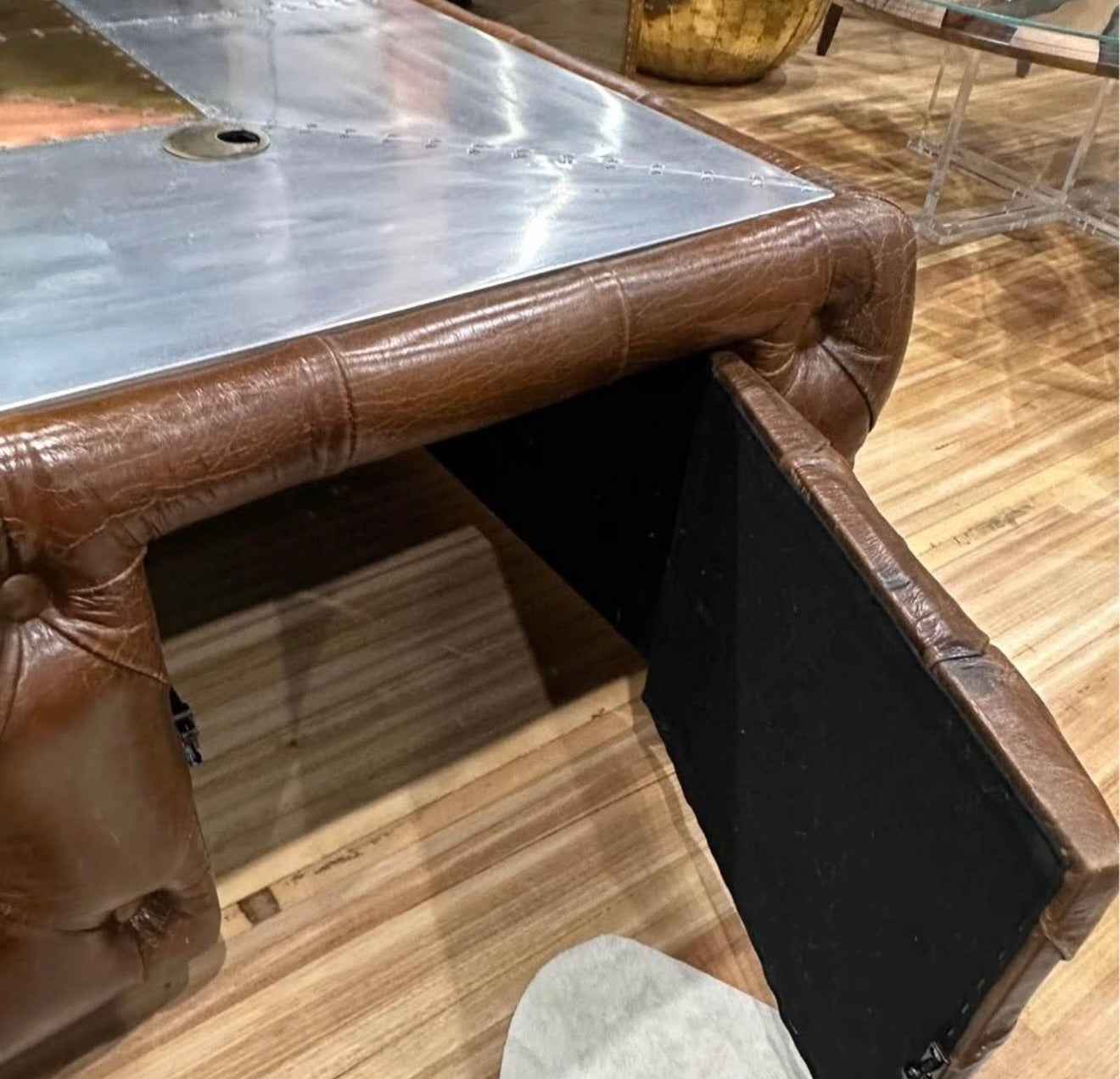Thomas Spitfire Aluminium, Brass, Copper & Brown Leather Square Coffee Table with Storage  CLEARANCE FLOOR STOCK – ONLY ONE