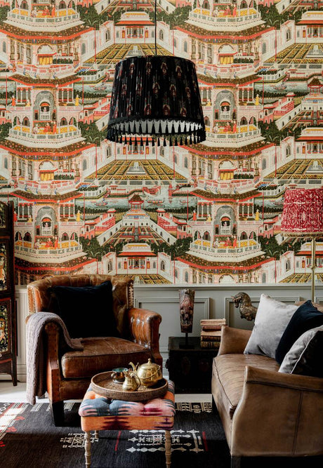 Indian Palace wallpaper in Ivory / Multi by Natty & Polly, styled in an interior