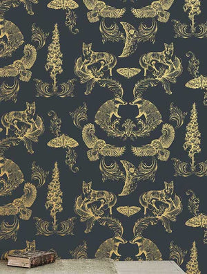 Dipped in Moonlight Wallpaper, Cocolea Natty & Polly, Charcoal / Gold, Per roll (52 cm × 10 m),