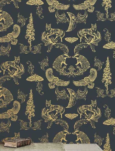 Dipped in Moonlight Wallpaper, Cocolea Natty & Polly, Charcoal / Gold, Per roll (52 cm × 10 m),