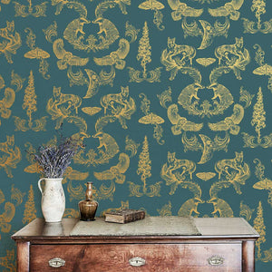 Dipped in Moonlight Wallpaper, Cocolea Natty & Polly, Teal / Gold, Per roll (52 cm × 10 m),