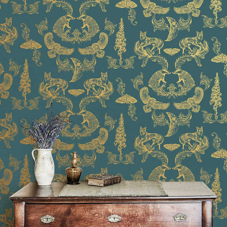 Dipped in Moonlight Wallpaper, Cocolea Natty & Polly, Teal / Gold, Per roll (52 cm × 10 m),
