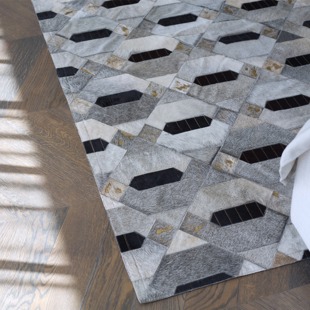 Linaje Gray, Black & Gold Art Hide Rug, Cocolea, , ,