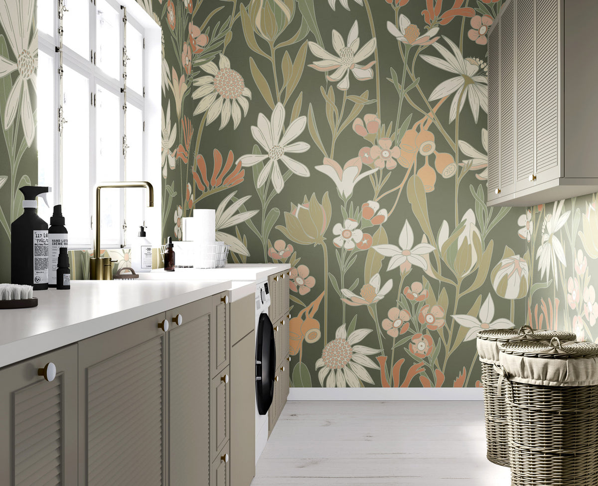 Bushwalk wallpaper mural in Moss by Natty & Polly, Australian native flora and fauna, styled in a laundry
