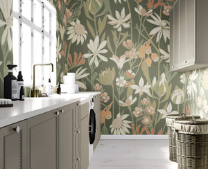 Bushwalk wallpaper mural in Moss by Natty & Polly, Australian native flora and fauna, styled in a laundry