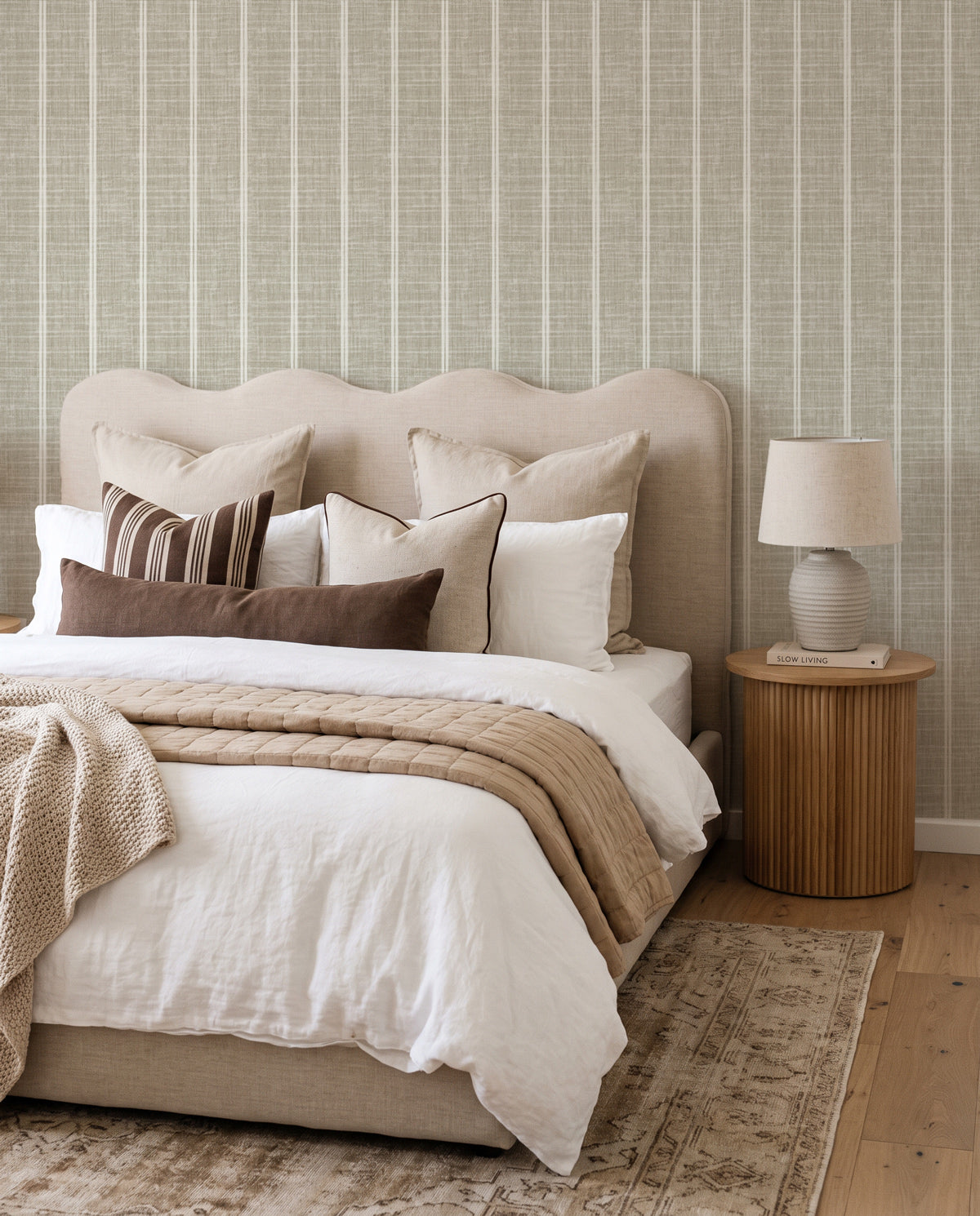 Linen Double Stripe wallpaper in Warm Grey by Olive et Oriel