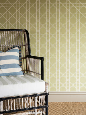 Trellis wallpaper in Dusty Lemon by Natty & Polly, styled in an interior