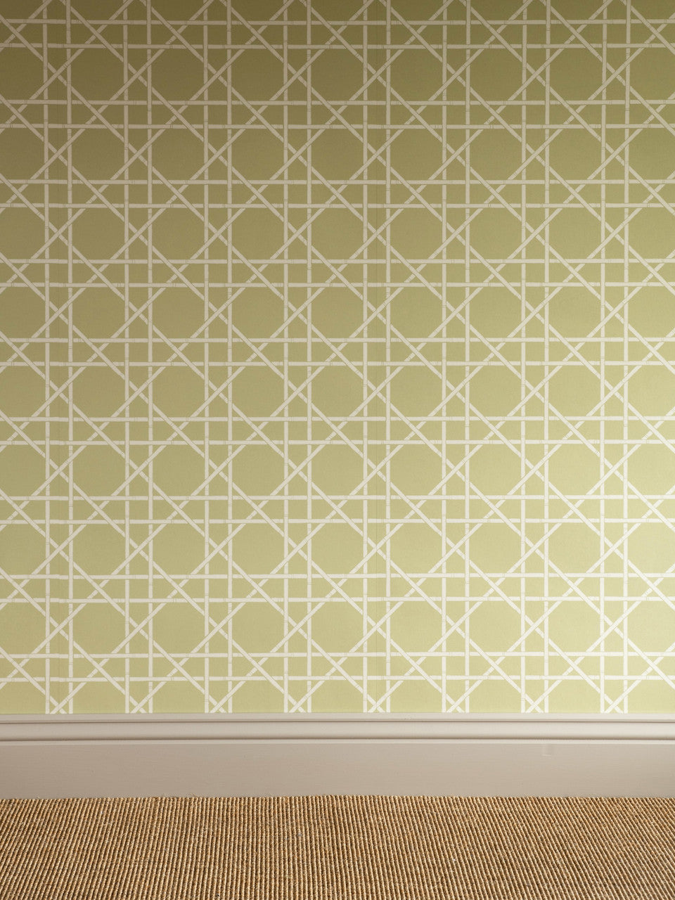 Trellis wallpaper in Dusty Lemon by Natty & Polly, styled in an interior