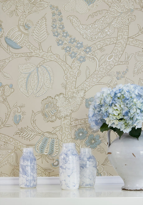 Macbeth wallpaper in Beige by Natty & Polly, full pattern view