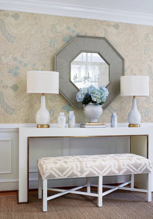 Macbeth wallpaper in Beige by Natty & Polly, full pattern view