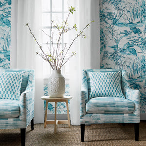 Kyoto wallpaper in Robins Egg by Natty & Polly, styled in an interior