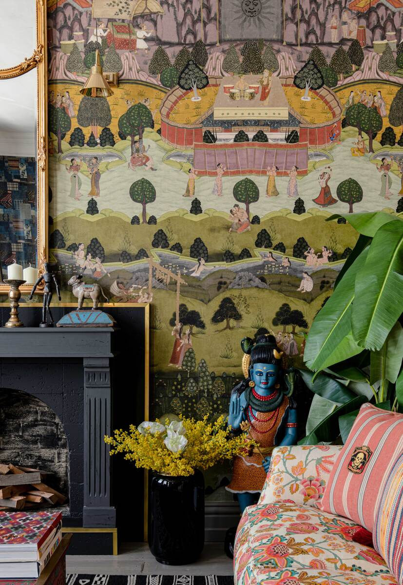 Peace and Music wallpaper in Multi by Natty & Polly, styled in an interior