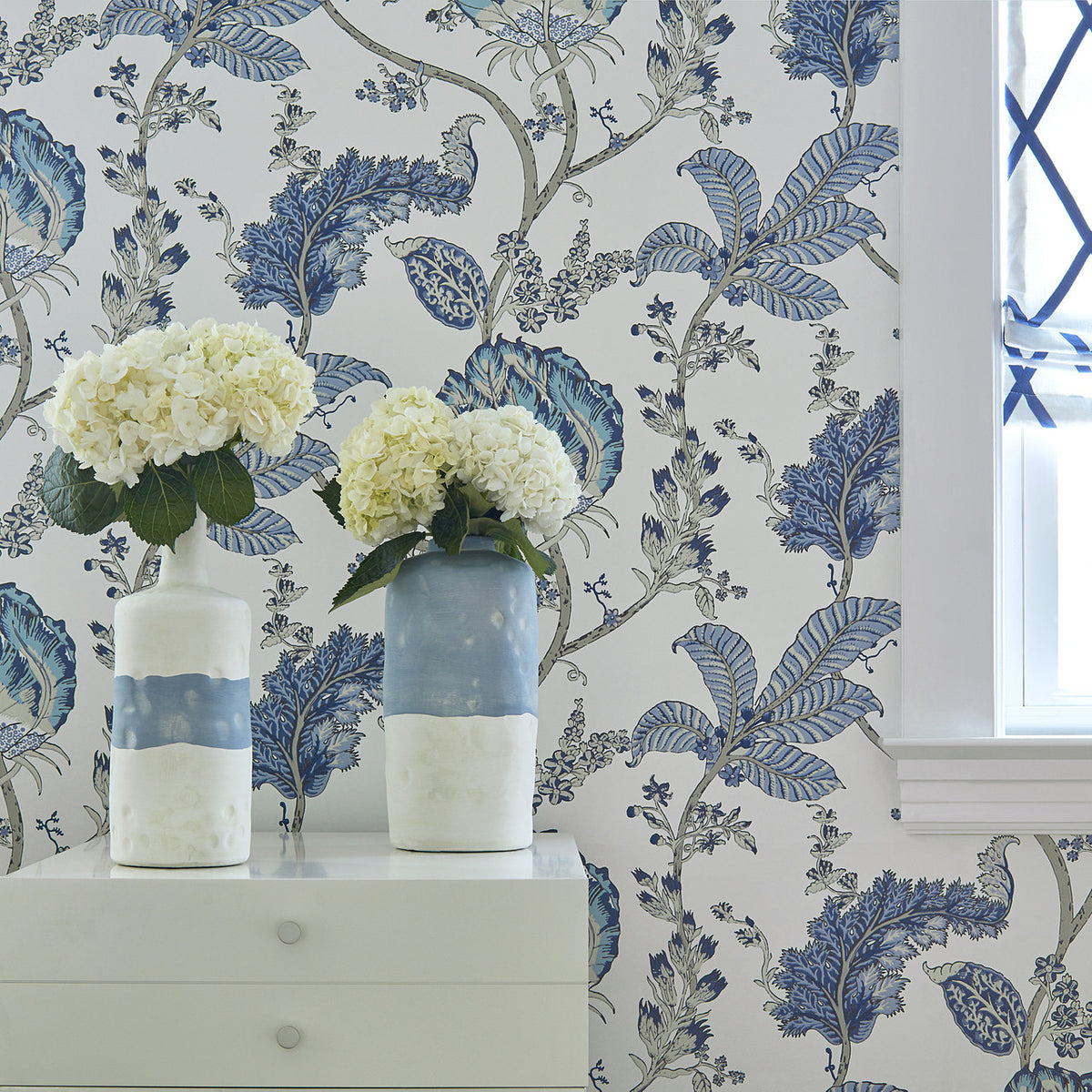 Kalamkari Vine wallpaper in Blue / White by Natty & Polly, styled in an interior