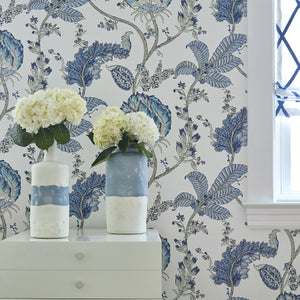 Kalamkari Vine wallpaper in Blue / White by Natty & Polly, styled in an interior