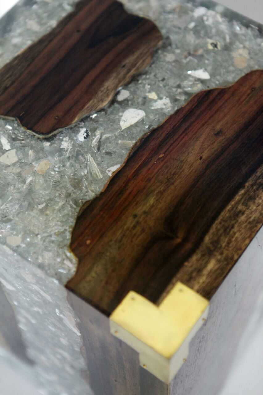 Teak and Resin Side Table with Brass Details, Cocolea, , ,