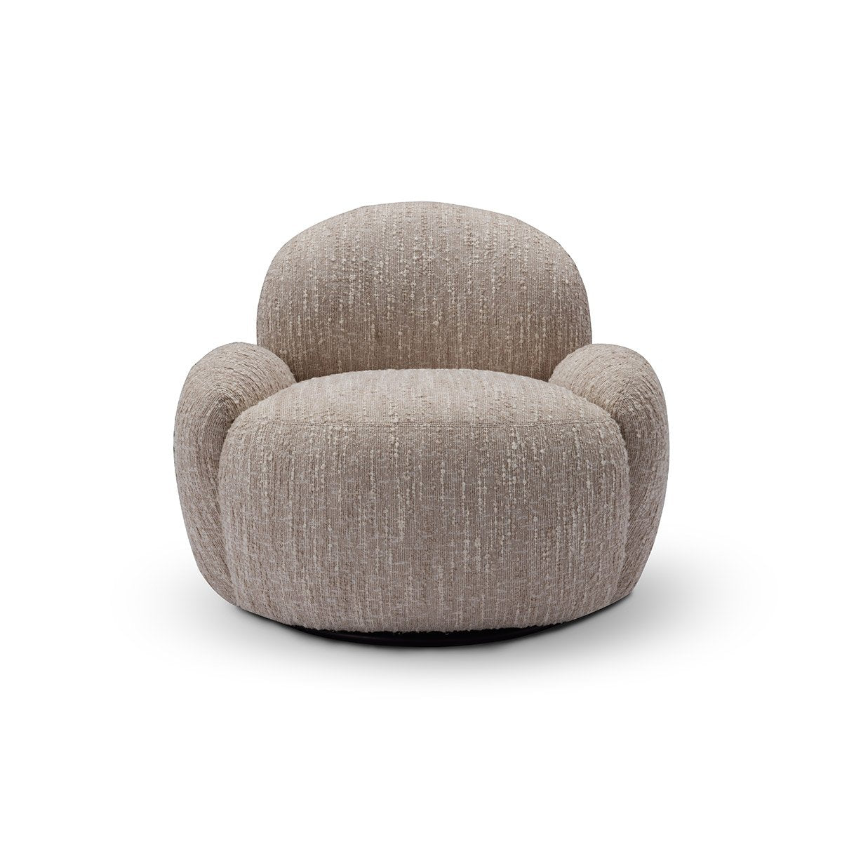 Maison Debrah Falion round swivel armchair in warm oatmeal chenille on black matte base