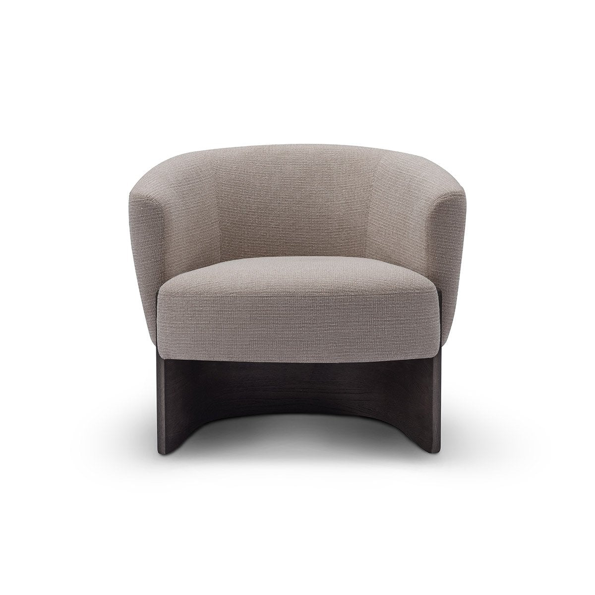 Maison Debrah Rexor curved tub armchair in warm grey woven fabric on an arched dark grey ash base